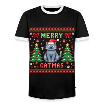 Merry Catmas – Katze unter dem Weihnachtsbaum - Männer Kontrast-T-Shirt - Schwarz/Weiß - Vorne - AI Model Female 172 light (172cm) & AI Model Male 178 light (178cm)