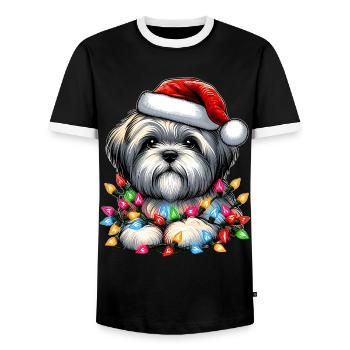 Lhasa Apso Hund Weihnachtsmütze Xmas - Männer Kontrast-T-Shirt - Schwarz/Weiß - Vorne - AI Model Female 172 light (172cm) & AI Model Male 178 light (178cm)