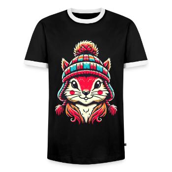Cheerful squirrel with winter hat - Men's Ringer Shirt - black/white - Front - AI Model Female 172 light (172cm) & AI Model Male 178 light (178cm)