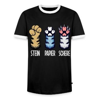 Cat Stone Paper Scissors Paw Game Funny - Men's Ringer Shirt - black/white - Front - AI Model Female 172 light (172cm) & AI Model Male 178 light (178cm)