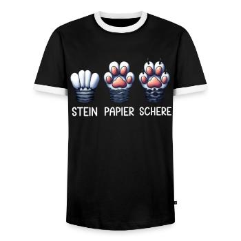 Cat Stone Paper Scissors Paw Game Funny - Men's Ringer Shirt - black/white - Front - AI Model Female 172 light (172cm) & AI Model Male 178 light (178cm)