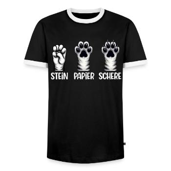 Cat Stone Paper Scissors Paw Game Funny - Men's Ringer Shirt - black/white - Front - AI Model Female 172 light (172cm) & AI Model Male 178 light (178cm)