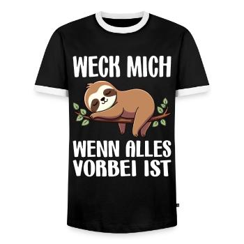 Weck Mich Wenn Alles Vorbei Ist / Langschläfer - Männer Kontrast-T-Shirt - Schwarz/Weiß - Vorne - AI Model Female 172 light (172cm) & AI Model Male 178 light (178cm)