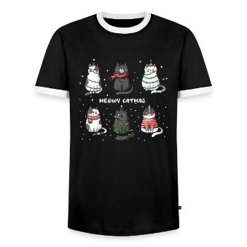 Christmas Cats Meowy Catmas Kitten Costume - Men's Ringer Shirt - black/white - Front - AI Model Female 172 light (172cm) & AI Model Male 178 light (178cm)
