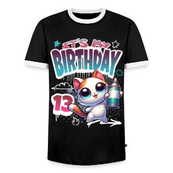13th Birthday Cat Graffiti - Men's Ringer Shirt - black/white - Front - AI Model Female 172 light (172cm) & AI Model Male 178 light (178cm)