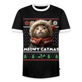 Meowy Catma's Christmas Matching Look with Kitten - Men's Ringer Shirt - black/white - Front - AI Model Female 172 light (172cm) & AI Model Male 178 light (178cm)
