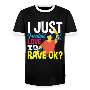 Techno Lover - I Love Rave So Much - Men's Ringer Shirt - black/white - Front - AI Model Female 172 light (172cm) & AI Model Male 178 light (178cm)