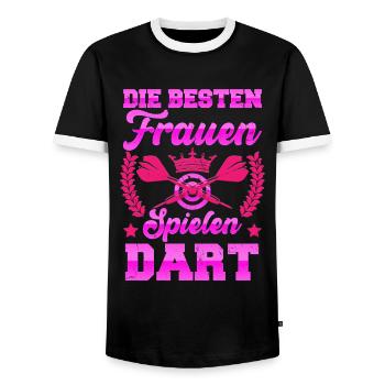 Dartspielerin DIE BESTEN FRAUEN SPIELEN DART - Männer Kontrast-T-Shirt - Schwarz/Weiß - Vorne - AI Model Female 172 light (172cm) & AI Model Male 178 light (178cm)
