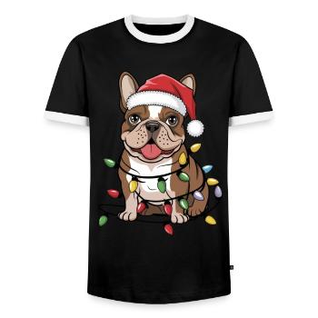 French Bulldog Christmas Lights Xmas Dogs Gifts - Men's Ringer Shirt - black/white - Front - AI Model Female 172 light (172cm) & AI Model Male 178 light (178cm)