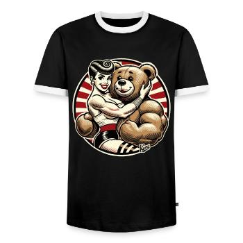 Retro beauty lady with strong stuffed animal bear - Men's Ringer Shirt - black/white - Front - AI Model Female 172 light (172cm) & AI Model Male 178 light (178cm)