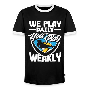 Volleyball We play daily you weekly - Men's Ringer Shirt - black/white - Front - AI Model Female 172 light (172cm) & AI Model Male 178 light (178cm)