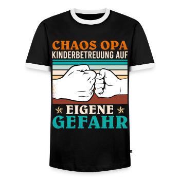 Opi CHAOS OPA KINDERBETREUUNG AUF EIGENE GEFAHR - Männer Kontrast-T-Shirt - Schwarz/Weiß - Vorne - AI Model Female 172 light (172cm) & AI Model Male 178 light (178cm)