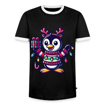 Fröhlicher Pinguin Mit Weihnachtslichtern - Männer Kontrast-T-Shirt - Schwarz/Weiß - Vorne - AI Model Female 172 light (172cm) & AI Model Male 178 light (178cm)