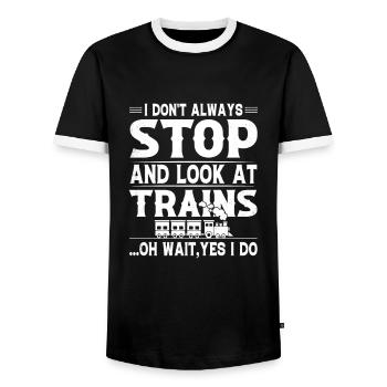 Train Lover Locomotive Model Railway - Men's Ringer Shirt - black/white - Front - AI Model Female 172 light (172cm) & AI Model Male 178 light (178cm)