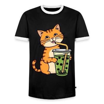 Thé à bulles pour chat Thé vert Matcha Boba - T-shirt contrasté Homme - noir/blanc - Devant - AI Model Female 172 light (172cm) & AI Model Male 178 light (178cm)