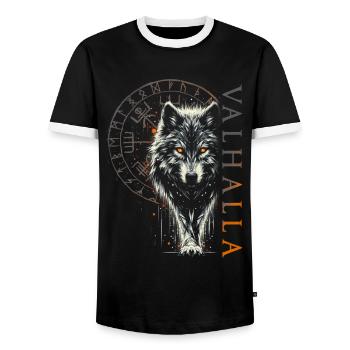Valhalla Wolf Norse Gods Viking Compass - Men's Ringer Shirt - black/white - Front - AI Model Female 172 light (172cm) & AI Model Male 178 light (178cm)