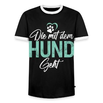 Die Mit Dem Hund Geht Hundebesitzer Hundefreund - Männer Kontrast-T-Shirt - Schwarz/Weiß - Vorne - AI Model Female 172 light (172cm) & AI Model Male 178 light (178cm)