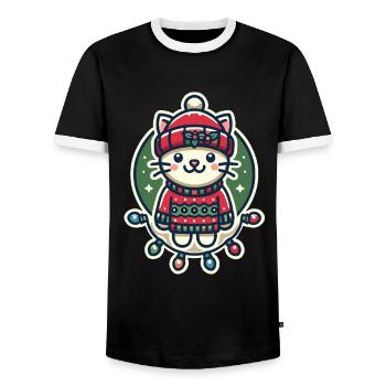 Christmas cat with hat and fairy lights - Men's Ringer Shirt - black/white - Front - AI Model Female 172 light (172cm) & AI Model Male 178 light (178cm)