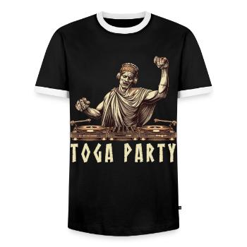 Funny Toga party outfit - Men's Ringer Shirt - black/white - Front - AI Model Female 172 light (172cm) & AI Model Male 178 light (178cm)