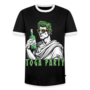 Funny Toga party outfit - Men's Ringer Shirt - black/white - Front - AI Model Female 172 light (172cm) & AI Model Male 178 light (178cm)