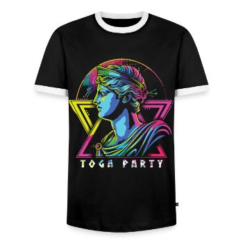 Funny Toga party outfit - Men's Ringer Shirt - black/white - Front - AI Model Female 172 light (172cm) & AI Model Male 178 light (178cm)
