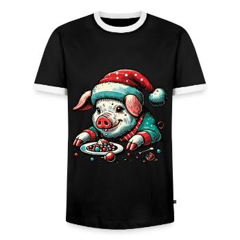 Greedy Christmas Pig - Men's Ringer Shirt - black/white - Front - AI Model Female 172 light (172cm) & AI Model Male 178 light (178cm)