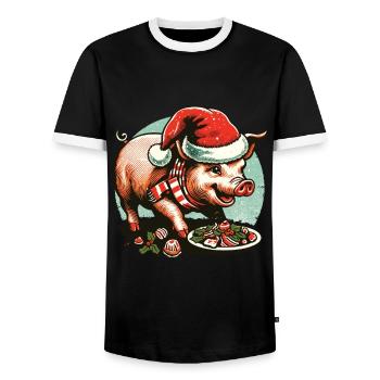 Weihnachtliches Völlerei Schwein Mit Mütze - Männer Kontrast-T-Shirt - Schwarz/Weiß - Vorne - AI Model Female 172 light (172cm) & AI Model Male 178 light (178cm)