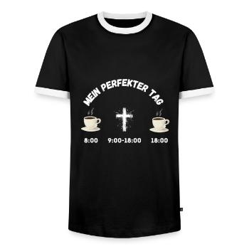 Mein Perfekter Tag: Christlich, Kreuz, Kaffee - Männer Kontrast-T-Shirt - Schwarz/Weiß - Vorne - AI Model Female 172 light (172cm) & AI Model Male 178 light (178cm)