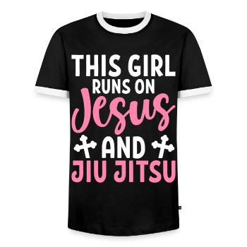 Girl running on Jesus Jiu Jitsu BJJ Martial Arts - Men's Ringer Shirt - black/white - Front - AI Model Female 172 light (172cm) & AI Model Male 178 light (178cm)