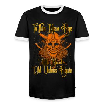 In this new age we need old values again - Men's Ringer Shirt - black/white - Front - AI Model Female 172 light (172cm) & AI Model Male 178 light (178cm)