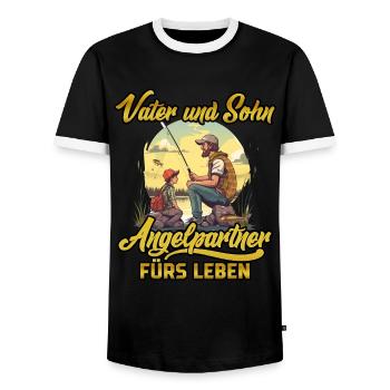 SOHN UND VATER ANGELTEAM FÜRS LEBEN Angeln Hobby - Männer Kontrast-T-Shirt - Schwarz/Weiß - Vorne - AI Model Female 172 light (172cm) & AI Model Male 178 light (178cm)