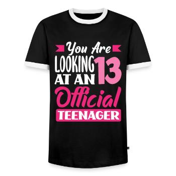 You are now 13 Official Teenage Birthday - Men's Ringer Shirt - black/white - Front - AI Model Female 172 light (172cm) & AI Model Male 178 light (178cm)