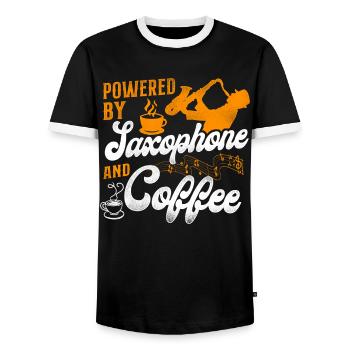 Saxophone Coffee Powered By - Men's Ringer Shirt - black/white - Front - AI Model Female 172 light (172cm) & AI Model Male 178 light (178cm)