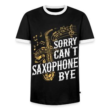 Saxophones: Sorry. Cant. Saxophones - Men's Ringer Shirt - black/white - Front - AI Model Female 172 light (172cm) & AI Model Male 178 light (178cm)