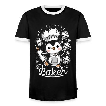Niedlicher Pinguin-Bäcker mit Muffins und - Männer Kontrast-T-Shirt - Schwarz/Weiß - Vorne - AI Model Female 172 light (172cm) & AI Model Male 178 light (178cm)