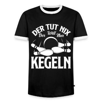 He doesn't do anything, he just wants to bowl, fun - Men's Ringer Shirt - black/white - Front - AI Model Female 172 light (172cm) & AI Model Male 178 light (178cm)