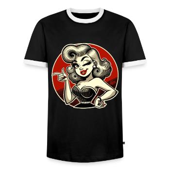 Blonde rétro avec clin d’œil et bouton-pression - T-shirt contrasté Homme - noir/blanc - Devant - AI Model Female 172 light (172cm) & AI Model Male 178 light (178cm)