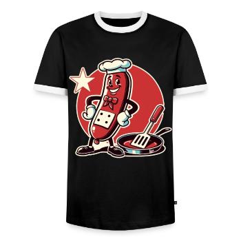 The chef is a funny bratwurst with a pan - Men's Ringer Shirt - black/white - Front - AI Model Female 172 light (172cm) & AI Model Male 178 light (178cm)