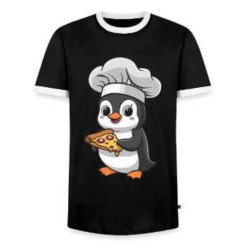Penguin pizza maker with pizza - Men's Ringer Shirt - black/white - Front - AI Model Female 172 light (172cm) & AI Model Male 178 light (178cm)
