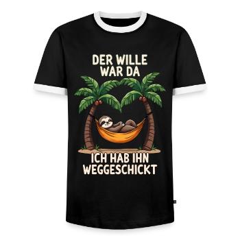 Sloth Saying Late Riser Statement Tired Office - Men's Ringer Shirt - black/white - Front - AI Model Female 172 light (172cm) & AI Model Male 178 light (178cm)