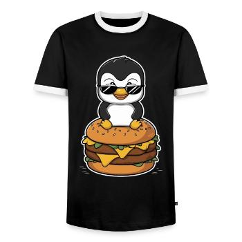 Cool penguin with burger - Men's Ringer Shirt - black/white - Front - AI Model Female 172 light (172cm) & AI Model Male 178 light (178cm)