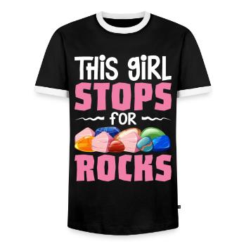 Rockhounding Rock Collectors Geologist Girl Stops - Men's Ringer Shirt - black/white - Front - AI Model Female 172 light (172cm) & AI Model Male 178 light (178cm)