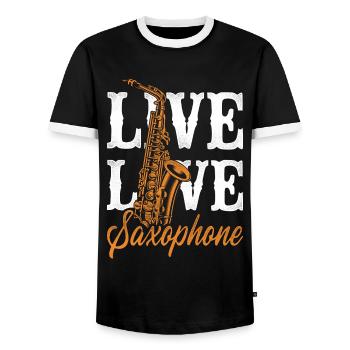 Saxophone Girl Live Love Saxophone - Men's Ringer Shirt - black/white - Front - AI Model Female 172 light (172cm) & AI Model Male 178 light (178cm)