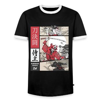 samurai vs ninja Katana vs sword on Comic Style - Männer Kontrast-T-Shirt - Schwarz/Weiß - Vorne - AI Model Female 172 light (172cm) & AI Model Male 178 light (178cm)