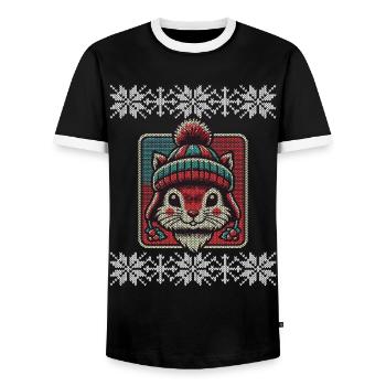 Winter squirrel with hat and pattern - Men's Ringer Shirt - black/white - Front - AI Model Female 172 light (172cm) & AI Model Male 178 light (178cm)
