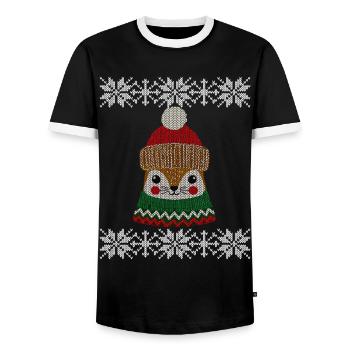 Cute Winter Squirrel with Hat Knitted Look - Men's Ringer Shirt - black/white - Front - AI Model Female 172 light (172cm) & AI Model Male 178 light (178cm)