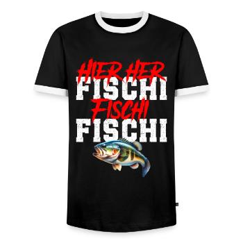 Angler HIER HER FISCHI FISCHI FISCHI Lustiges - Männer Kontrast-T-Shirt - Schwarz/Weiß - Vorne - AI Model Female 172 light (172cm) & AI Model Male 178 light (178cm)