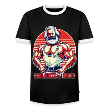 Swoleunists unite, gym bodybuilders Marx - Men's Ringer Shirt - black/white - Front - AI Model Female 172 light (172cm) & AI Model Male 178 light (178cm)