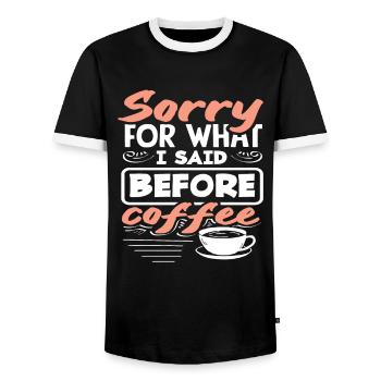 Les amateurs de café s'excusent avant le café - T-shirt contrasté Homme - noir/blanc - Devant - AI Model Female 172 light (172cm) & AI Model Male 178 light (178cm)