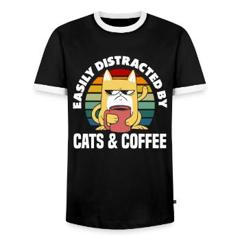 Chats et amateurs de café : simplement distraits - T-shirt contrasté Homme - noir/blanc - Devant - AI Model Female 172 light (172cm) & AI Model Male 178 light (178cm)